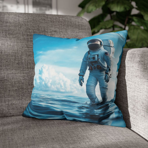 Astronaut Walking on Ocean Surface — 40×40 Cushion Cover — Sofa & Living Room Lifestyle View