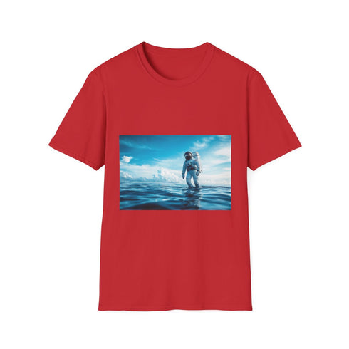 Astronaut Walking on Ocean Surface Graphic Unisex Softstyle T-Shirt - Red Variant