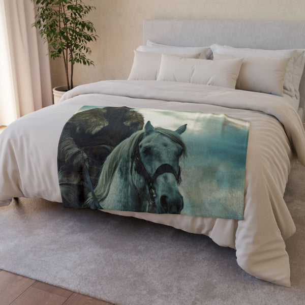 Attila the Hun on Horseback in Fur Cloak — Plush Fleece Throw Blanket — Drape over Sofa & Bed Lifestyle View