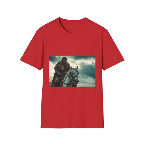 Attila the Hun on Horseback in Fur Cloak — Graphic Cotton T-Shirt — 100% Ring-Spun Cotton Fabric & Print Detail