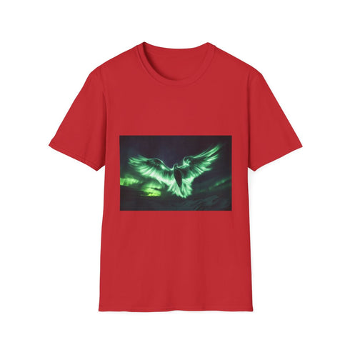 Aurora Borealis Shaped Like Bird Graphic Unisex Softstyle T-Shirt - Red Variant