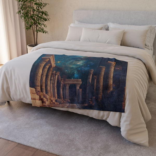 Babylon Ancient City Night Starry Sky Painting — 50×60 Plush Throw Blanket — Draped Over Sofa & Bed Lifestyle View