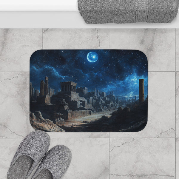 Babylon Ancient City Night Starry Sky Painting — 61×43 Memory Foam Bath Mat — Modern Bathroom Floor Lifestyle View