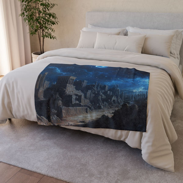 Babylon Ancient City Night Starry Sky Painting — 50×60 Plush Throw Blanket — Draped Over Sofa & Bed Lifestyle View