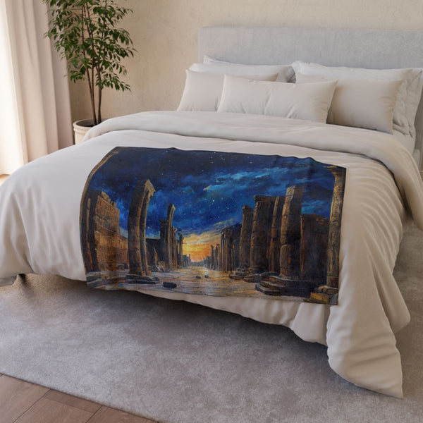 Babylon Ancient City Night Starry Sky Painting — 50×60 Plush Throw Blanket — Draped Over Sofa & Bed Lifestyle View