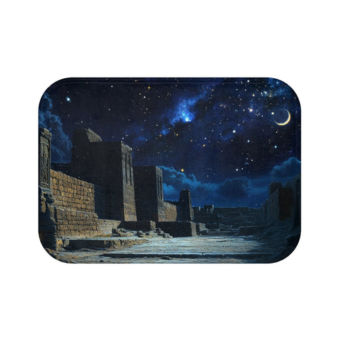 Babylon Ancient City Night Starry Sky Painting — 61×43 Memory Foam Bath Mat — Top-Down Velvet Microfibre Artwork View