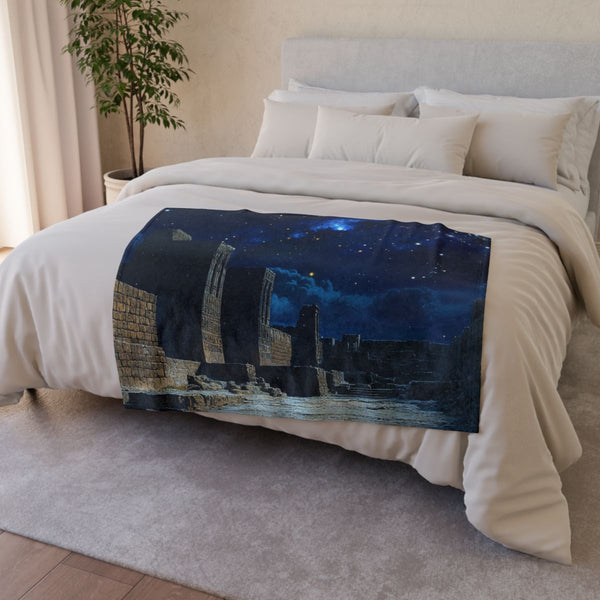 Babylon Ancient City Night Starry Sky Painting — 50×60 Plush Throw Blanket — Draped Over Sofa & Bed Lifestyle View