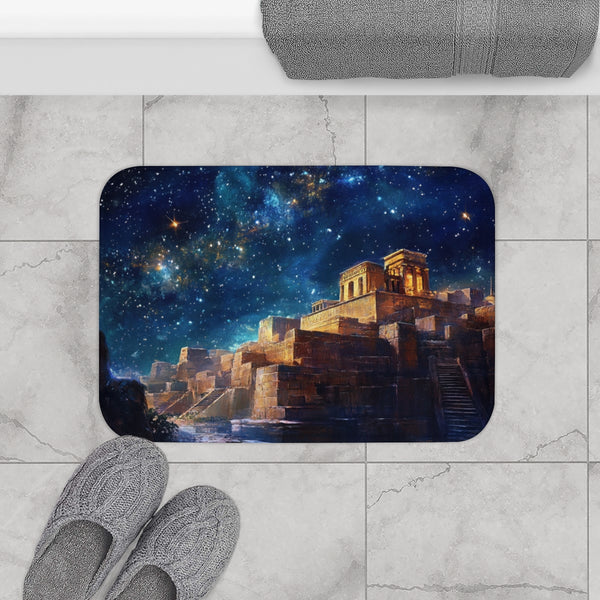 Babylon Ancient City Night Starry Sky Painting — 61×43 Memory Foam Bath Mat — Modern Bathroom Floor Lifestyle View