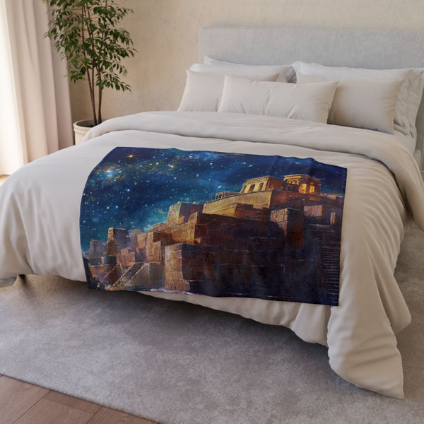 Babylon Ancient City Night Starry Sky Painting — 50×60 Plush Throw Blanket — Draped Over Sofa & Bed Lifestyle View