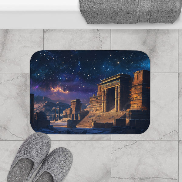 Babylon Ancient City Night Starry Sky Painting — 61×43 Memory Foam Bath Mat — Modern Bathroom Floor Lifestyle View