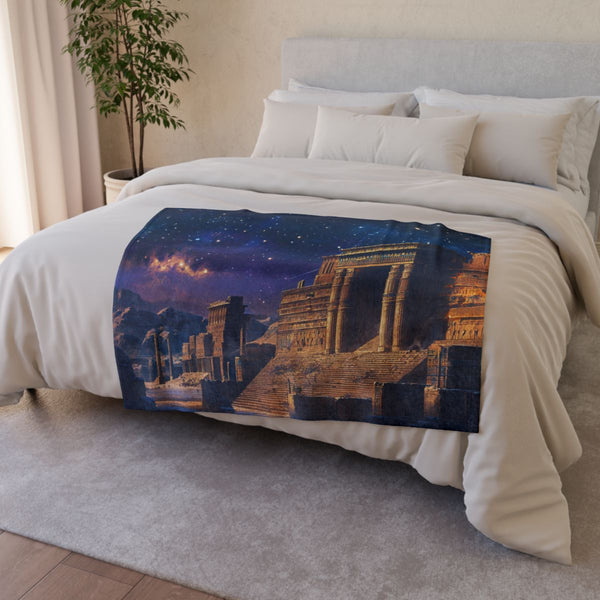 Babylon Ancient City Night Starry Sky Painting — 50×60 Plush Throw Blanket — Draped Over Sofa & Bed Lifestyle View