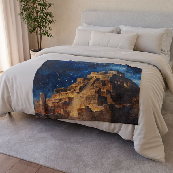 Babylon Ancient City Night Starry Sky Painting (Edition XI) — Plush Fleece Throw Blanket — Drape over Sofa & Bed Lifestyle View