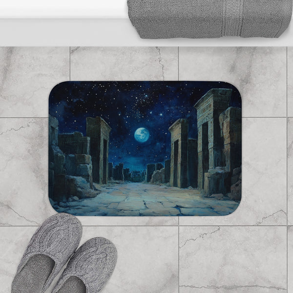 Babylon Ancient City Night Starry Sky Painting — 61×43 Memory Foam Bath Mat — Modern Bathroom Floor Lifestyle View