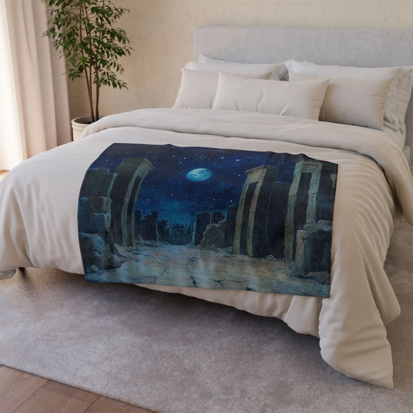 Babylon Ancient City Night Starry Sky Painting — 50×60 Plush Throw Blanket — Draped Over Sofa & Bed Lifestyle View