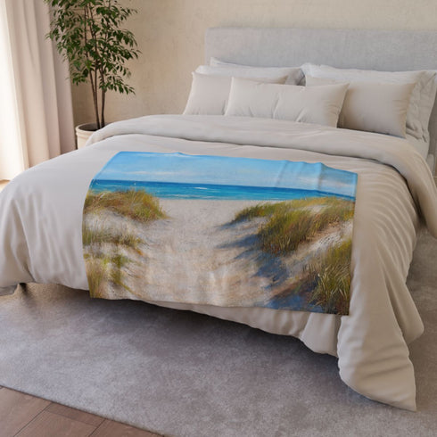 Beach Path — 50×60 Plush Throw Blanket — Draped Over Sofa & Bed Lifestyle View