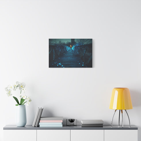 Bioluminescent Vines on Ghost Bridge — Stretched Canvas Wall Art — Living Room Wall Lifestyle View
