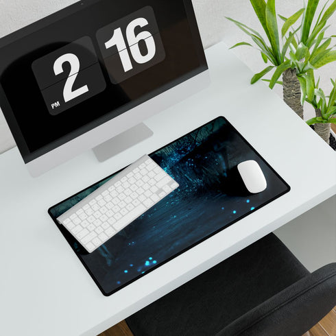 Bioluminescent Vines on Ghost Bridge — XL & XXL Desk Mat — Gaming & Workspace Desk Setup View