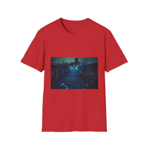 Bioluminescent Vines on Ghost Bridge Graphic Unisex Softstyle T-Shirt - Red Variant