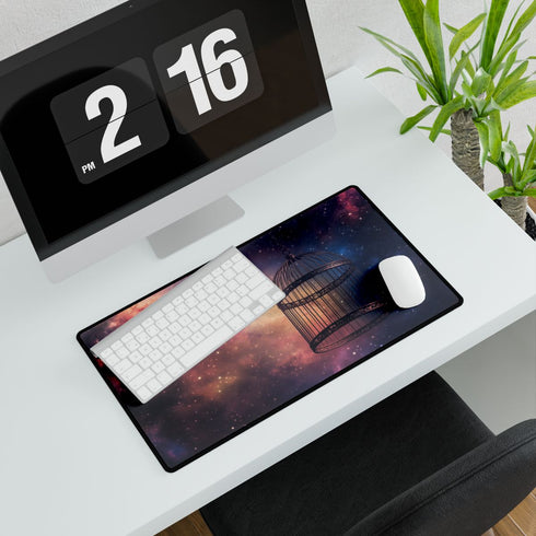 Bird Cage Floating Above Galaxy — XL & XXL Desk Mat — Gaming & Workspace Desk Setup View