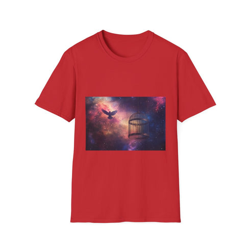 Bird Cage Floating Above Galaxy Graphic Unisex Softstyle T-Shirt - Red Variant