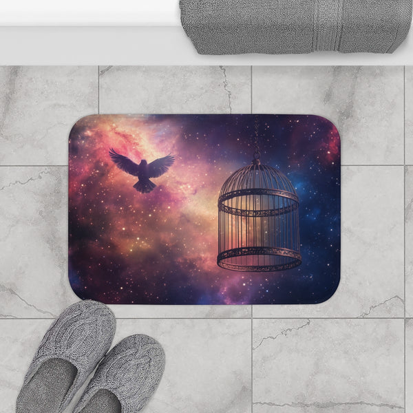 Bird Cage Floating Above Galaxy — Memory Foam Bath Mat — Modern Bathroom Floor Lifestyle View
