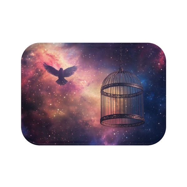 Bird Cage Floating Above Galaxy — Memory Foam Bath Mat — Top-Down Memory Foam Bath Mat View