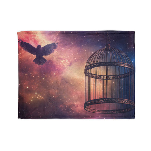 Bird Cage Floating Above Galaxy — 50×60 Plush Throw Blanket — Full Flat Artwork View