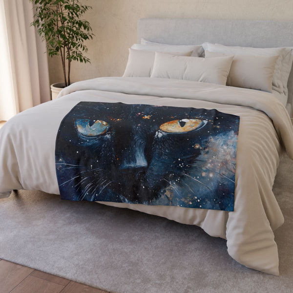 Black Cat Made of Galaxies — Plush Fleece Throw Blanket — Drape over Sofa & Bed Lifestyle View