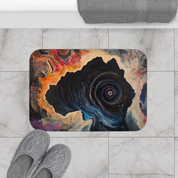 Black Hole Swallowing Time and Space — Memory Foam Bath Mat — Modern Bathroom Floor Lifestyle View