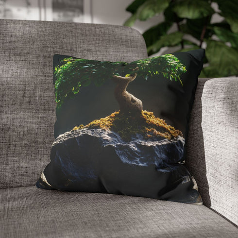 Bonsai Tree Growing from Meteorite — Double-Sided Cushion Cover — Sofa & Armchair Living Room Lifestyle View