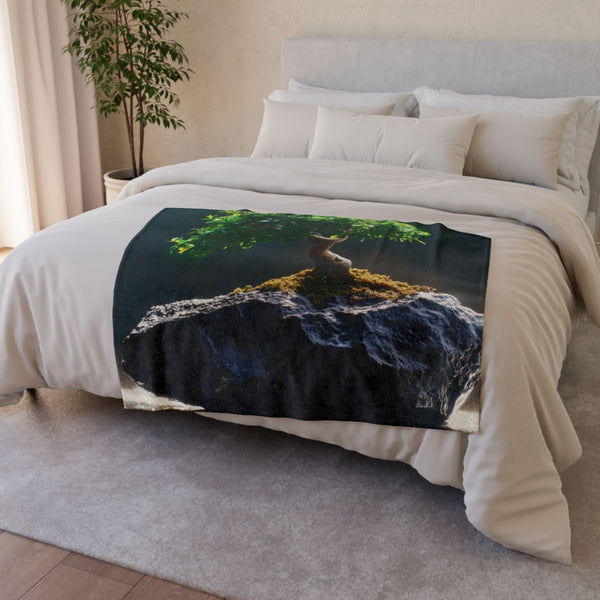 Bonsai Tree Growing from Meteorite — Plush Fleece Throw Blanket — Drape over Sofa & Bed Lifestyle View