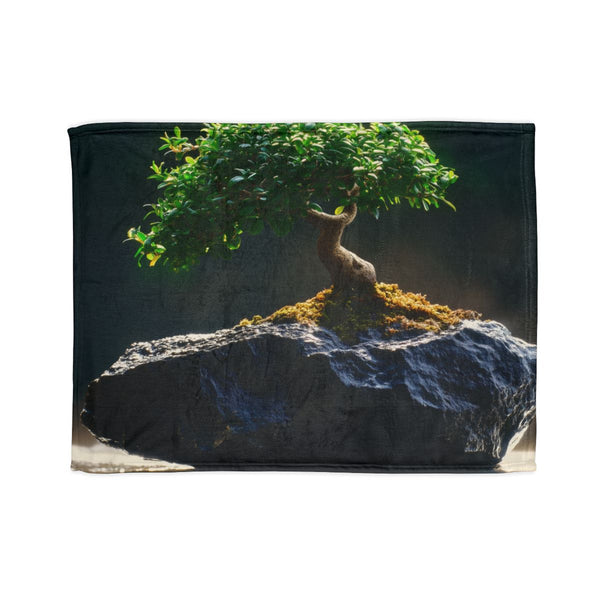 Bonsai Tree Growing from Meteorite — Plush Fleece Throw Blanket — Full Spread Plush Fleece Artwork View