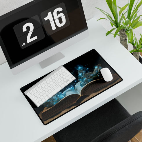 Book Pages Turning into Constellations — XL & XXL Desk Mat — Gaming & Workspace Desk Setup View