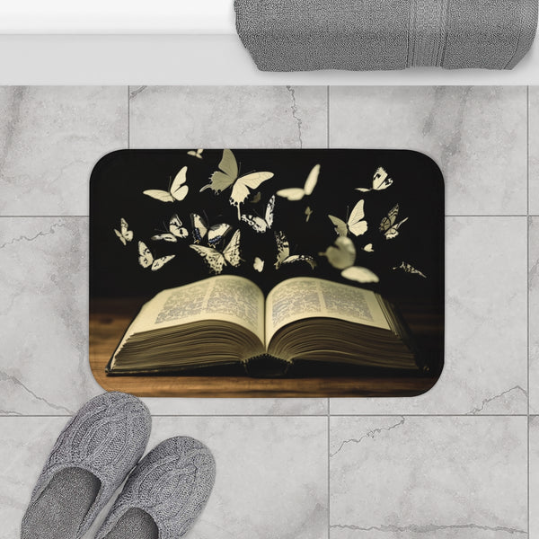 Book with Words Turning into Butterflies (Edition IV) — Memory Foam Bath Mat — Modern Bathroom Floor Lifestyle View