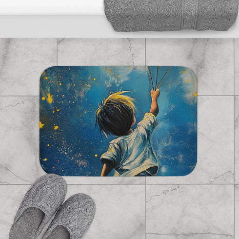 Boy Flies to the Stars Luxury Memory Foam Bath Mat - Bathroom Lifestyle View