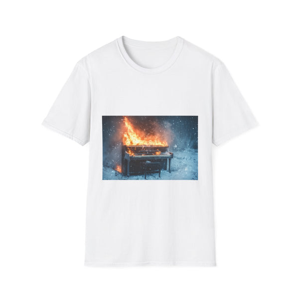 Burning Piano in Snowstorm Graphic Unisex Softstyle T-Shirt - Front View