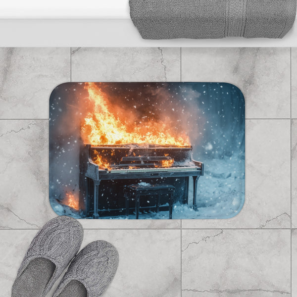 Burning Piano in Snowstorm — Memory Foam Bath Mat — Modern Bathroom Floor Lifestyle View