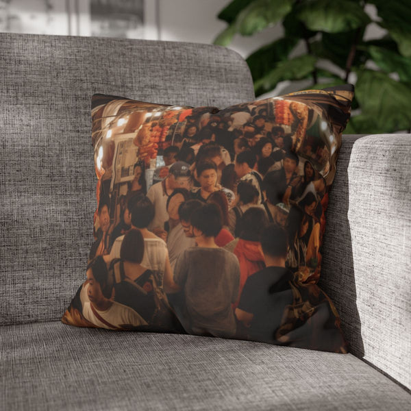 Bustling Asian Night Market Stalls Lanterns — Double-Sided Cushion Cover — Sofa & Armchair Living Room Lifestyle View
