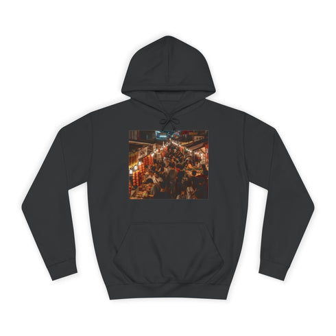 Bustling Asian Night Market Stalls Lanterns Graphic Unisex College Hoodie - Jet Black Front