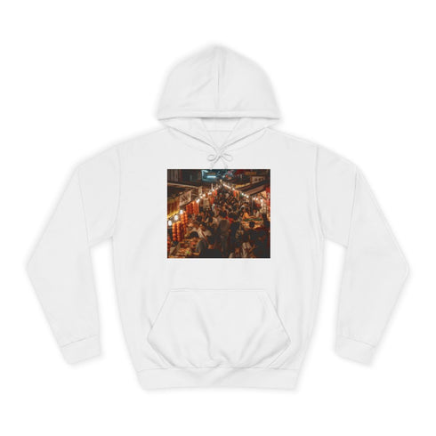 Bustling Asian Night Market Stalls Lanterns Graphic Unisex College Hoodie - Arctic White Front