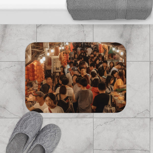 Bustling Asian Night Market Stalls Lanterns — 61×43 Memory Foam Bath Mat — Modern Bathroom Floor Lifestyle View