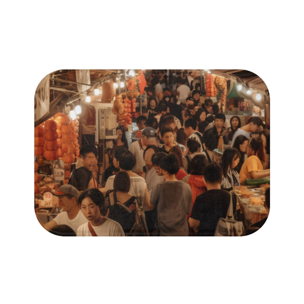 Bustling Asian Night Market Stalls Lanterns — 61×43 Memory Foam Bath Mat — Top-Down Velvet Microfibre Artwork View