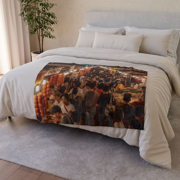 Bustling Asian Night Market Stalls Lanterns — 50×60 Plush Throw Blanket — Draped Over Sofa & Bed Lifestyle View