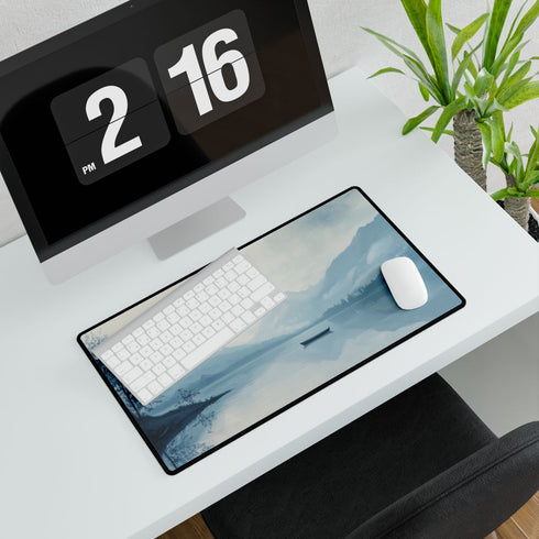 Serene Tranquil Forest & Misty Lake — XXL Gaming Desk Mat — Gaming & Workspace Desk Setup View