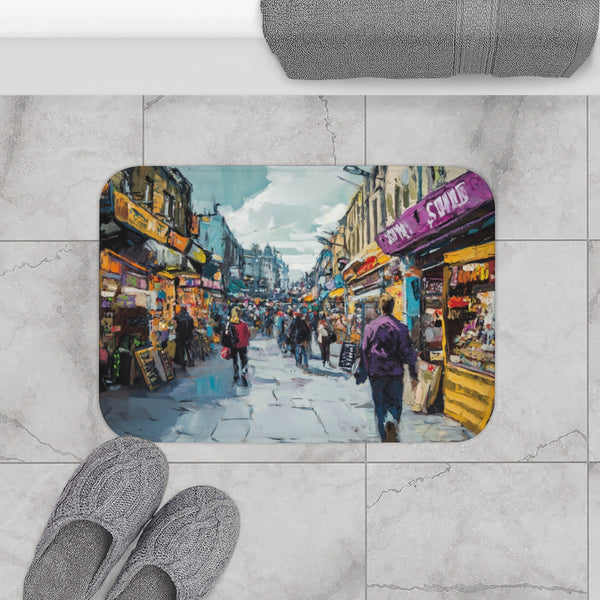 Camden Market London Painting (Edition IX) — 61×43 Memory Foam Bath Mat — Modern Bathroom Floor Lifestyle View