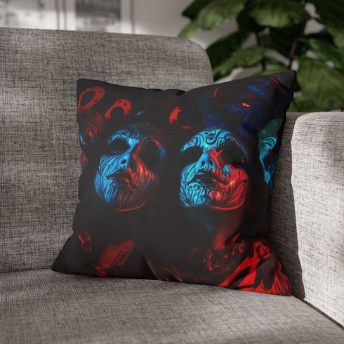 Carnival Masks in Dramatic Lighting — 40×40 Cushion Cover — Sofa & Living Room Lifestyle View