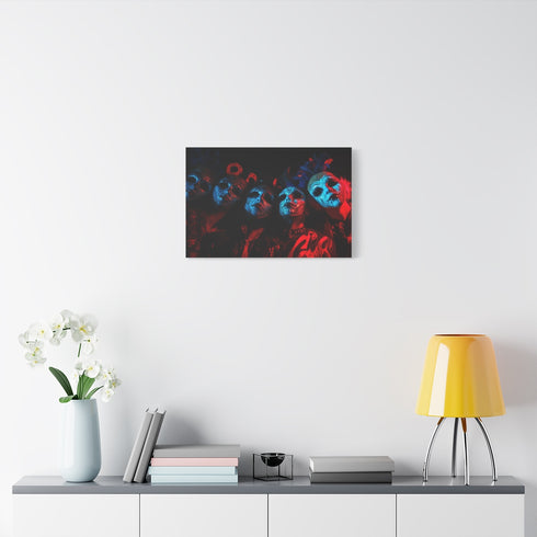 Carnival Masks in Dramatic Lighting — Stretched Canvas Wall Art — Living Room Wall Lifestyle View