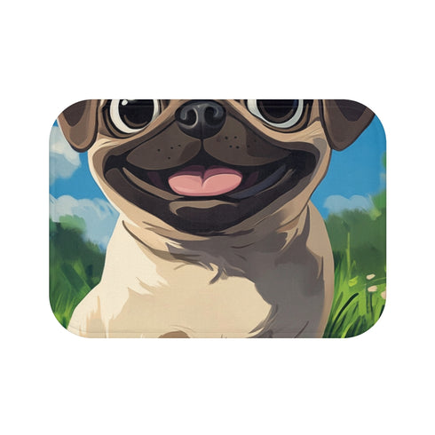 Cartoon Pug — Non-Slip Bath Mat — Top-Down Velvet Microfibre Artwork View