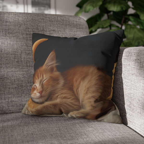 Cat Sleeping on Crescent Moon — Double-Sided Cushion Cover — Sofa & Armchair Living Room Lifestyle View