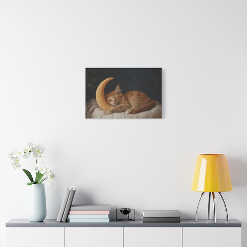 Cat Sleeping on Crescent Moon — Stretched Canvas Wall Art — Living Room Wall Lifestyle View